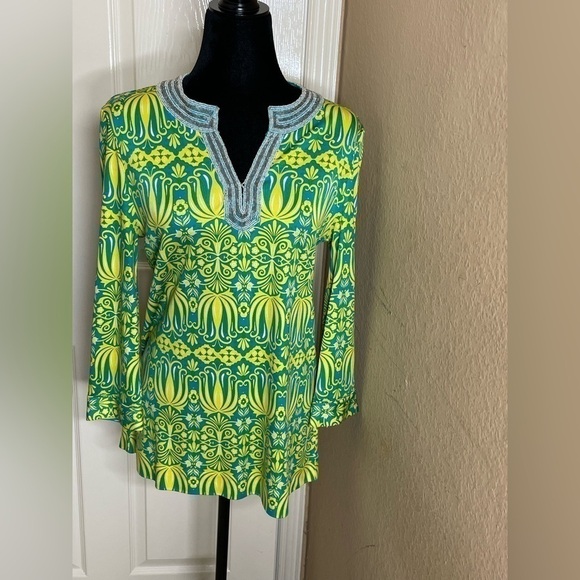 Tory Burch Tops - Tory Burch Tunic Womens Med Silk green Button Long Sleeve V Neck Stretch…